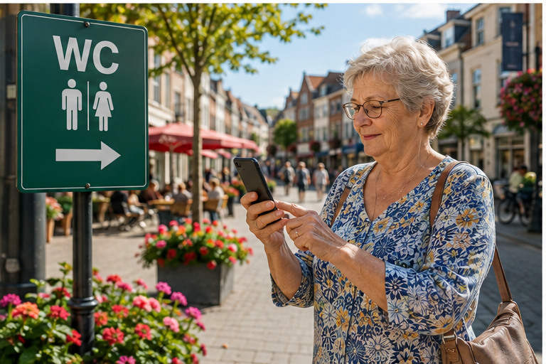 Oudere vrouw gebruikt WC Wijzer om een openbaar toilet te vinden