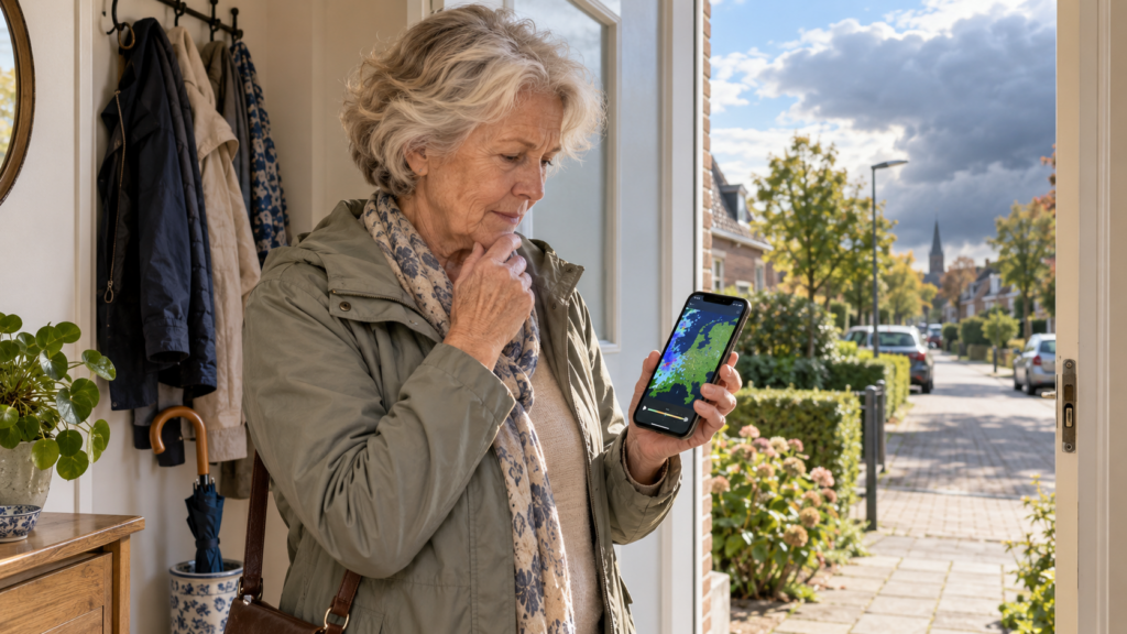 Oudere vrouw controleert op haar smartphone de regenverwachting voordat zij naar buiten gaat