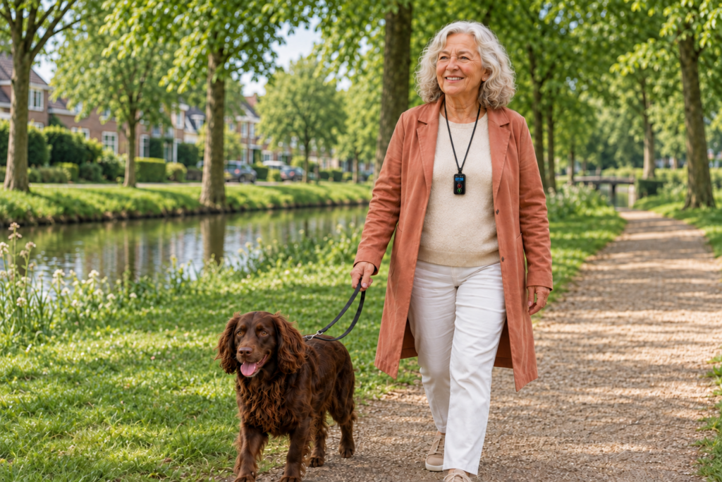 Oudere vrouw wandelt met haar hond en draagt een alarmknop om haar nek
