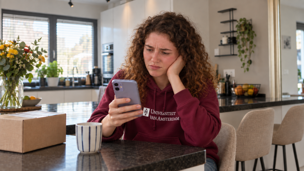 Jongvolwassen vrouw ontdekt op haar smartphone dat zij mogelijk slachtoffer is van online fraude