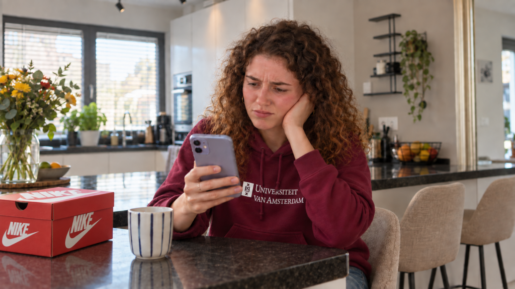 Jongvolwassen vrouw ontdekt op haar smartphone dat zij mogelijk slachtoffer is van online fraude