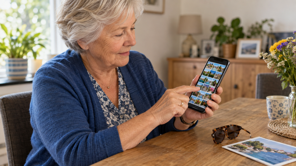 Oudere vrouw ruimt zomerfoto’s op haar smartphone op om opslagruimte vrij te maken