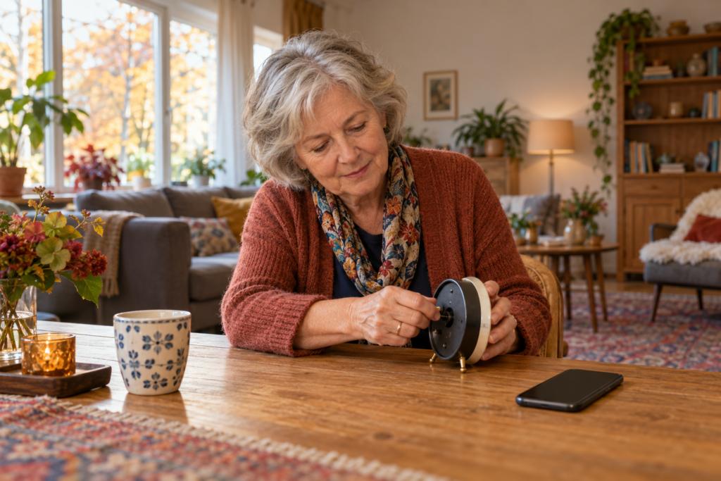Een vrouw stelt thuis een tafelklok bij voor de wintertijd.