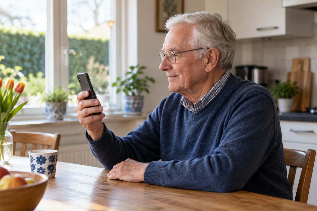 Een man gebruikt thuis zijn smartphone.