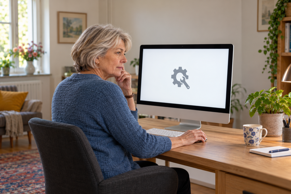 Een vrouw bekijkt een onderhoudsmelding op een website.