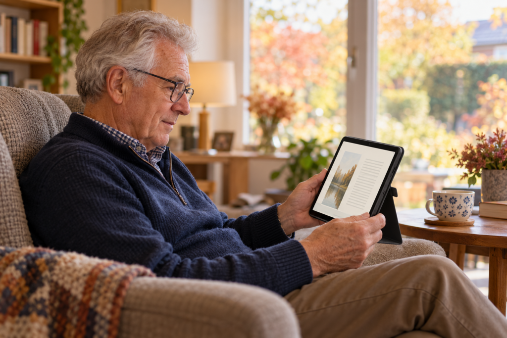 Een man leest thuis een digitaal boek op zijn tablet.